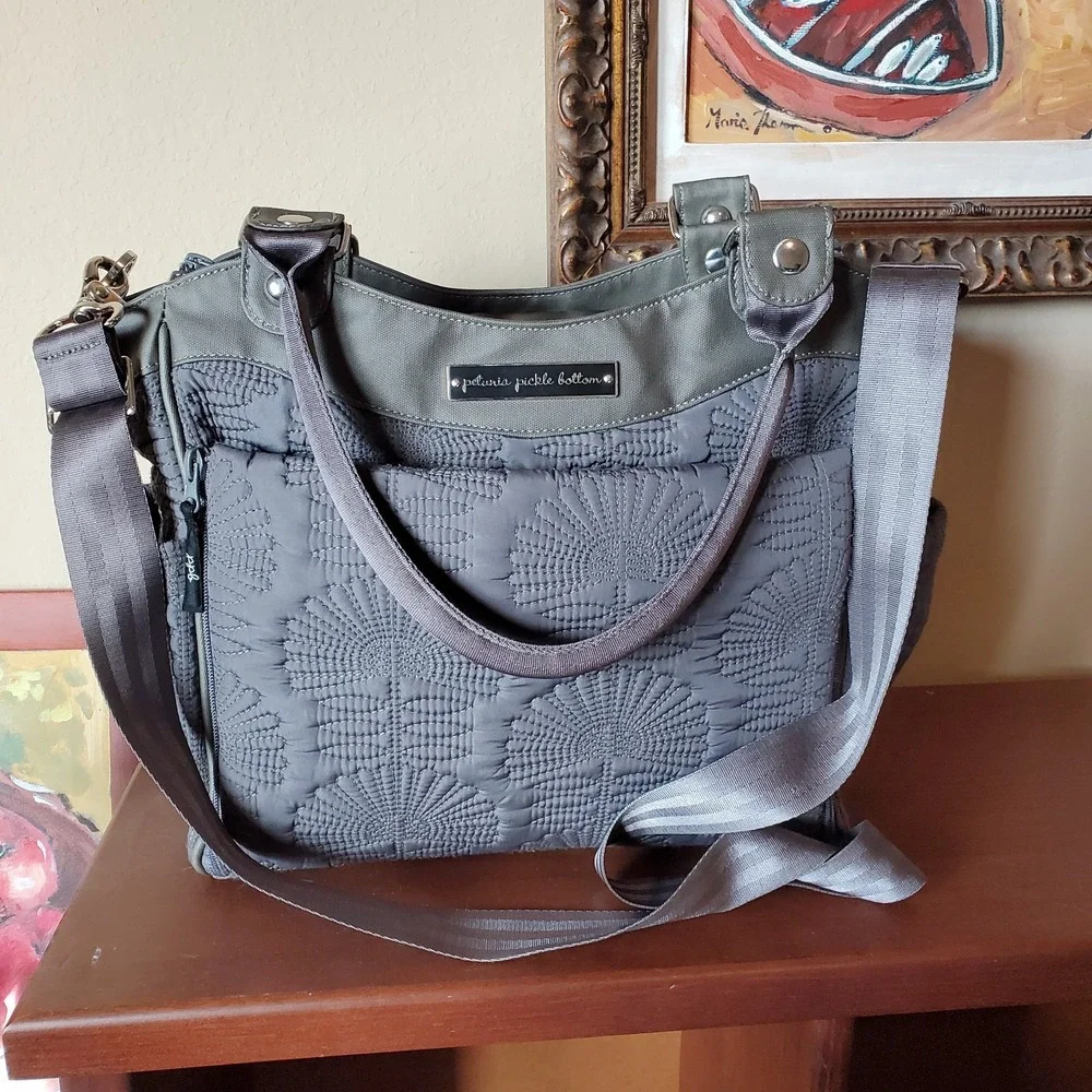 Petunia Pickle Bottom Convertible Diaper Bag‎ Backpack Tote Gray Floral Quilted